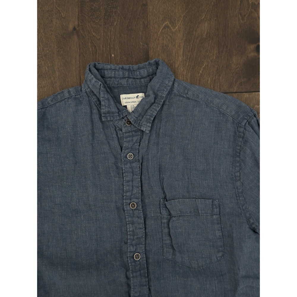 Caribbean Joe Shirt Men Size M Blue 100% Linen Short Sleeve Button Down Hawaiian